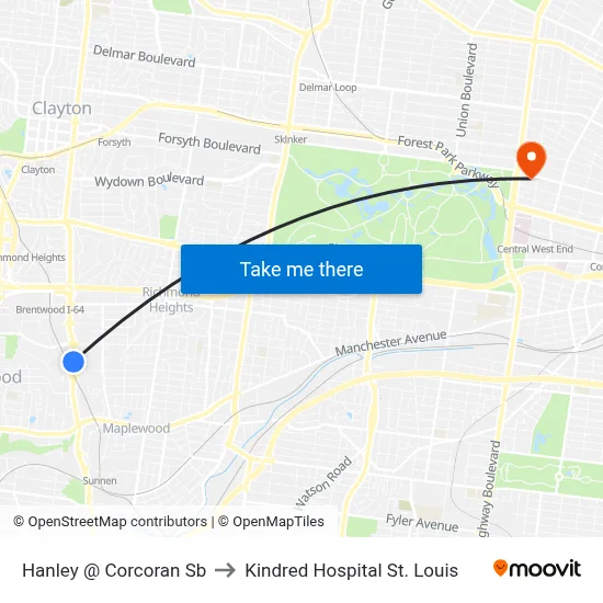 Hanley @ Corcoran Sb to Kindred Hospital St. Louis map
