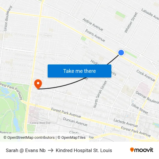 Sarah @ Evans Nb to Kindred Hospital St. Louis map