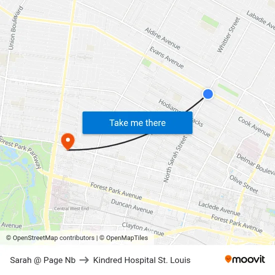 Sarah @ Page Nb to Kindred Hospital St. Louis map