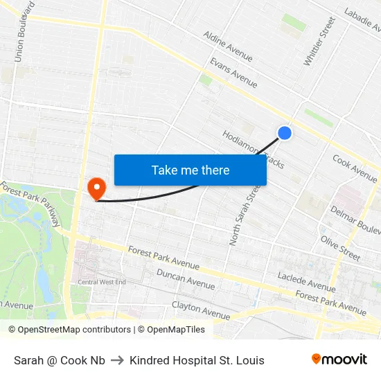 Sarah @ Cook Nb to Kindred Hospital St. Louis map