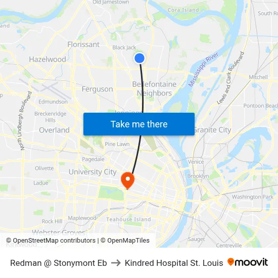 Redman @ Stonymont Eb to Kindred Hospital St. Louis map