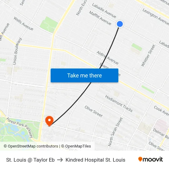 St. Louis @ Taylor Eb to Kindred Hospital St. Louis map