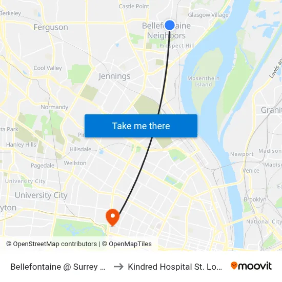 Bellefontaine @ Surrey Nb to Kindred Hospital St. Louis map