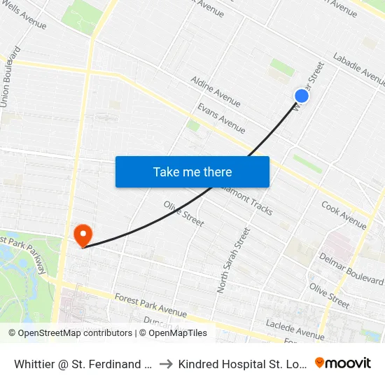 Whittier @ St. Ferdinand Nb to Kindred Hospital St. Louis map