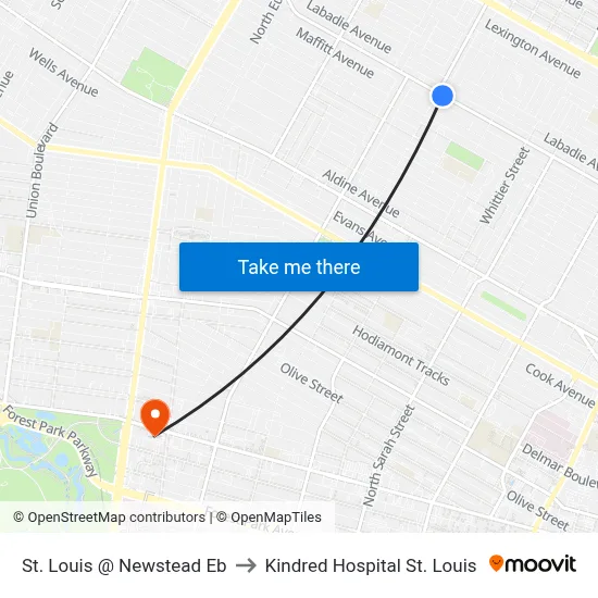 St. Louis @ Newstead Eb to Kindred Hospital St. Louis map