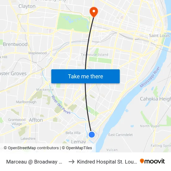 Marceau @ Broadway Wb to Kindred Hospital St. Louis map