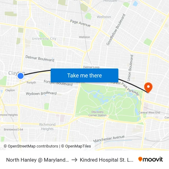 North Hanley @ Maryland Nb to Kindred Hospital St. Louis map
