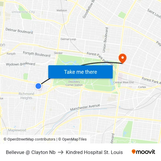 Bellevue @ Clayton Nb to Kindred Hospital St. Louis map