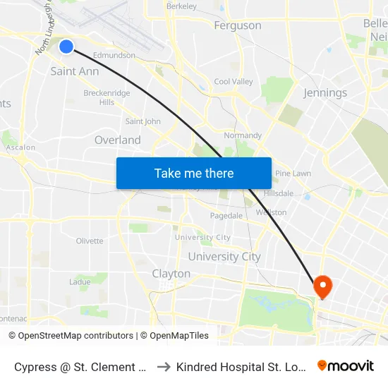 Cypress @ St. Clement Nb to Kindred Hospital St. Louis map