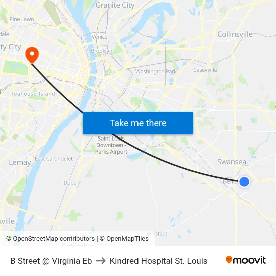 B Street @ Virginia Eb to Kindred Hospital St. Louis map
