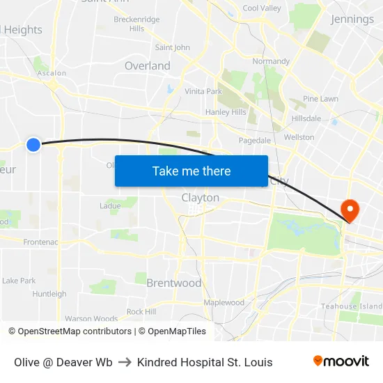 Olive @ Deaver Wb to Kindred Hospital St. Louis map