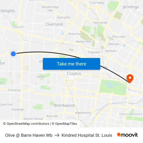 Olive @ Barre Haven Wb to Kindred Hospital St. Louis map