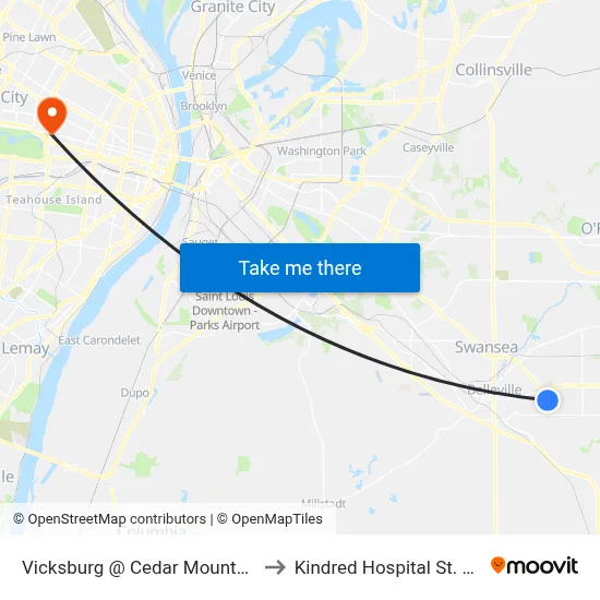 Vicksburg @ Cedar Mountain Eb to Kindred Hospital St. Louis map