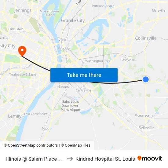 Illinois @ Salem Place Nb to Kindred Hospital St. Louis map