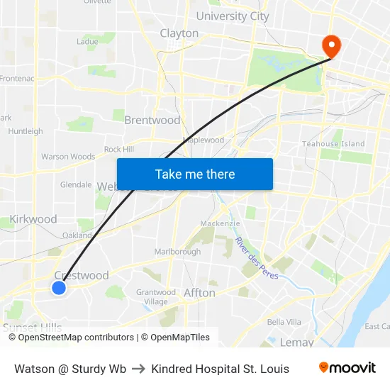 Watson @ Sturdy Wb to Kindred Hospital St. Louis map