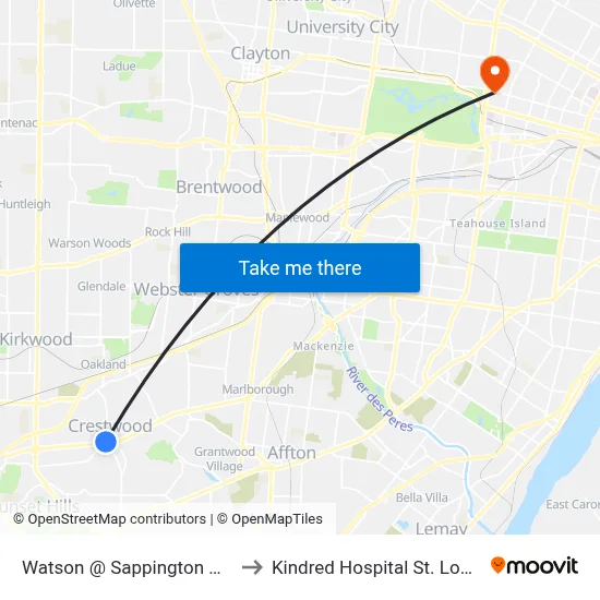 Watson @ Sappington Wb to Kindred Hospital St. Louis map