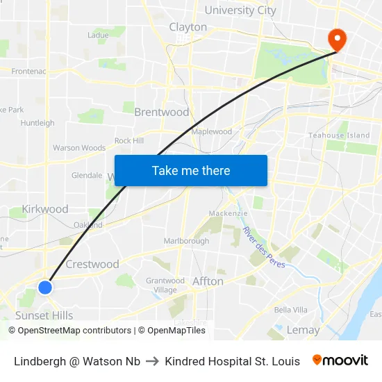Lindbergh @ Watson Nb to Kindred Hospital St. Louis map