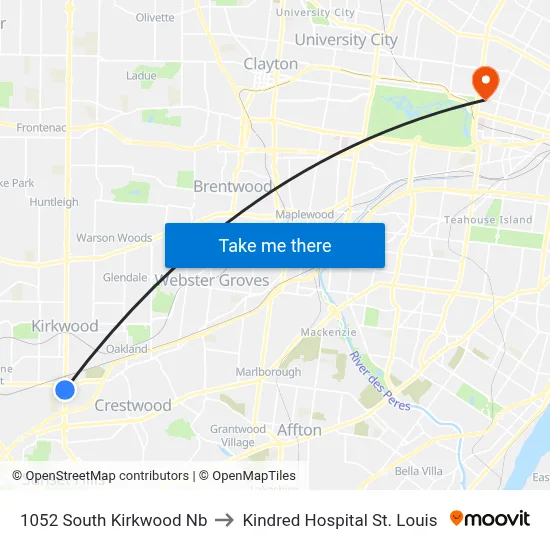 1052 South Kirkwood Nb to Kindred Hospital St. Louis map
