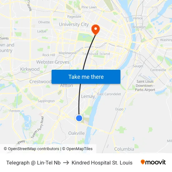 Telegraph @ Lin-Tel Nb to Kindred Hospital St. Louis map