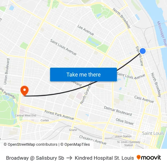 Broadway @ Salisbury Sb to Kindred Hospital St. Louis map