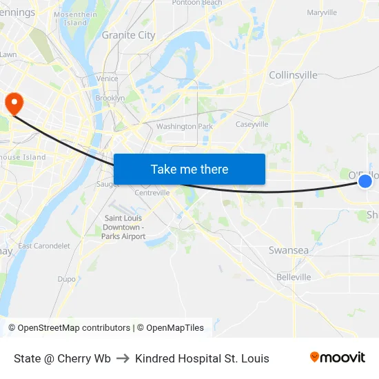 State @ Cherry Wb to Kindred Hospital St. Louis map