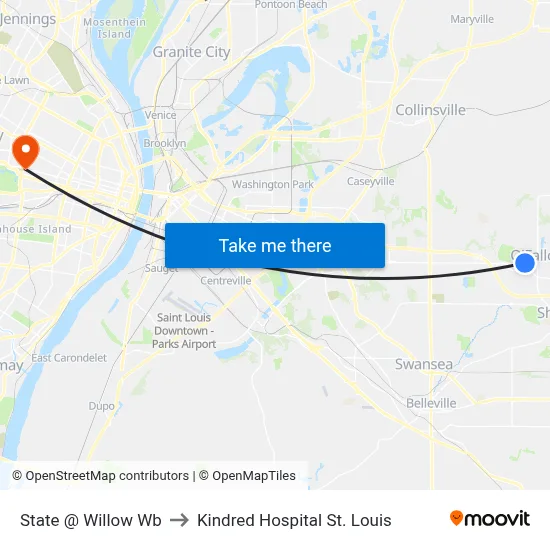 State @ Willow Wb to Kindred Hospital St. Louis map