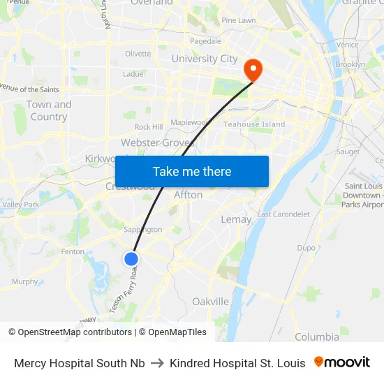 Mercy Hospital South Nb to Kindred Hospital St. Louis map