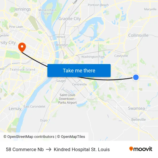 58 Commerce Nb to Kindred Hospital St. Louis map