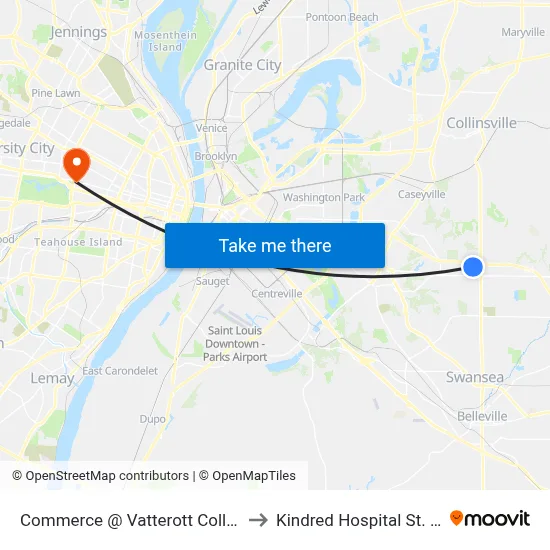 Commerce @ Vatterott College Nb to Kindred Hospital St. Louis map