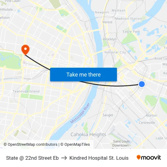 State @ 22nd Street Eb to Kindred Hospital St. Louis map