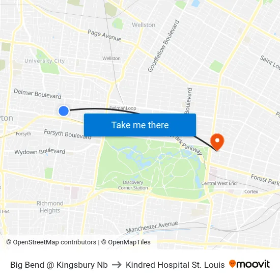 Big Bend @ Kingsbury Nb to Kindred Hospital St. Louis map