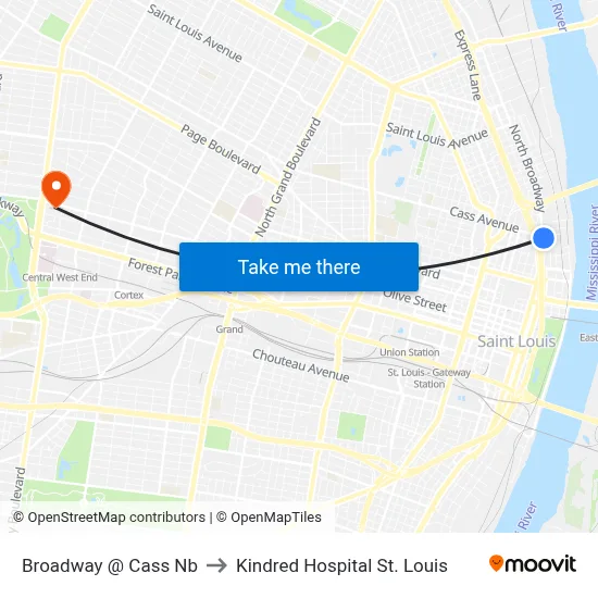 Broadway @ Cass Nb to Kindred Hospital St. Louis map