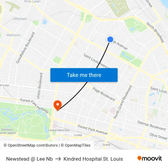Newstead @ Lee Nb to Kindred Hospital St. Louis map