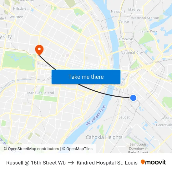 Russell @ 16th Street Wb to Kindred Hospital St. Louis map