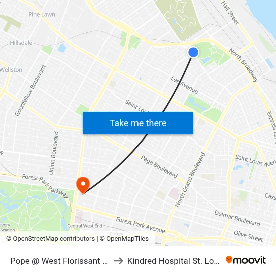 Pope @ West Florissant Nb to Kindred Hospital St. Louis map