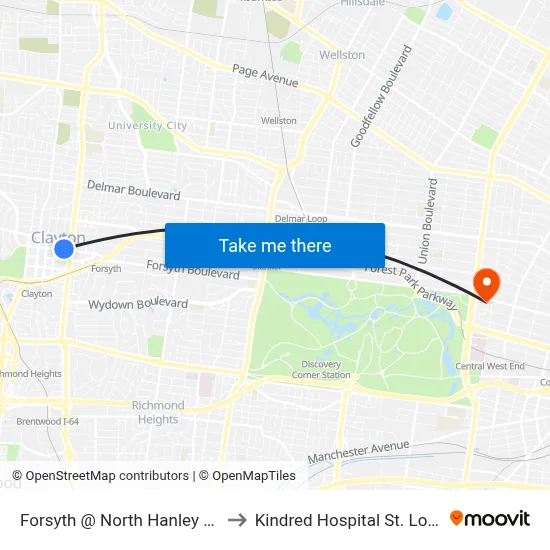 Forsyth @ North Hanley Wb to Kindred Hospital St. Louis map