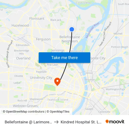 Bellefontaine @ Larimore Nb to Kindred Hospital St. Louis map