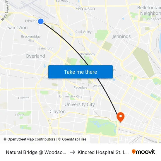 Natural Bridge @ Woodson Wb to Kindred Hospital St. Louis map