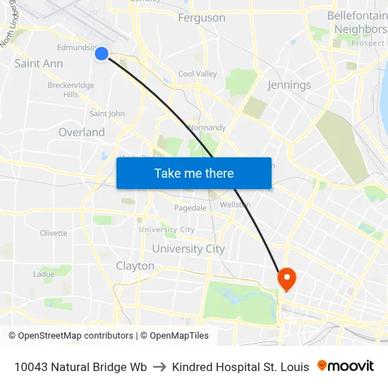 10043 Natural Bridge Wb to Kindred Hospital St. Louis map