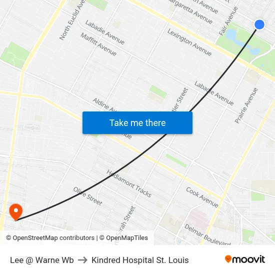 Lee @ Warne Wb to Kindred Hospital St. Louis map