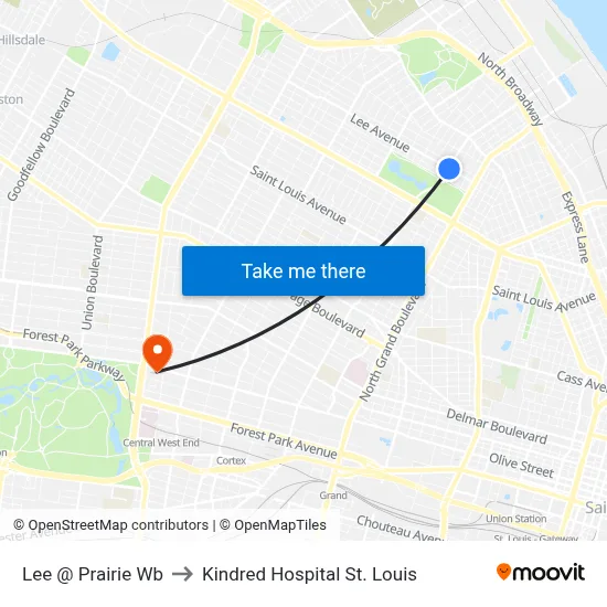 Lee @ Prairie Wb to Kindred Hospital St. Louis map