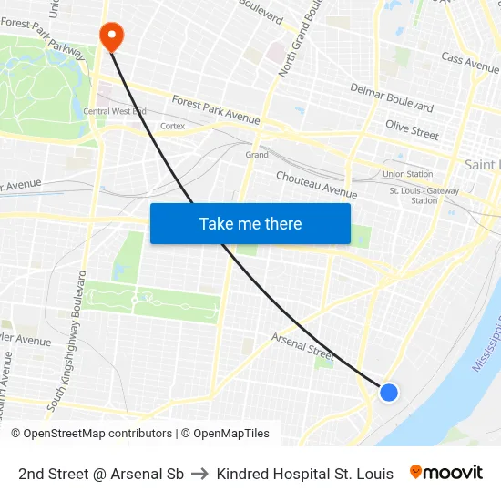 2nd Street @ Arsenal Sb to Kindred Hospital St. Louis map