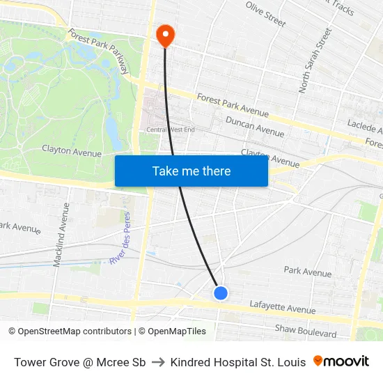 Tower Grove @ Mcree Sb to Kindred Hospital St. Louis map