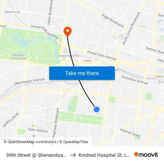 39th Street @ Shenandoah Nb to Kindred Hospital St. Louis map