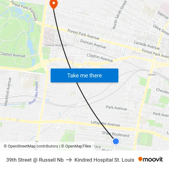 39th Street @ Russell Nb to Kindred Hospital St. Louis map