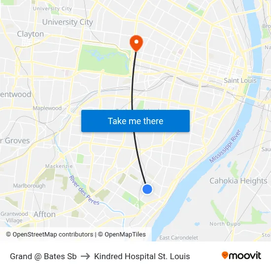 Grand @ Bates Sb to Kindred Hospital St. Louis map