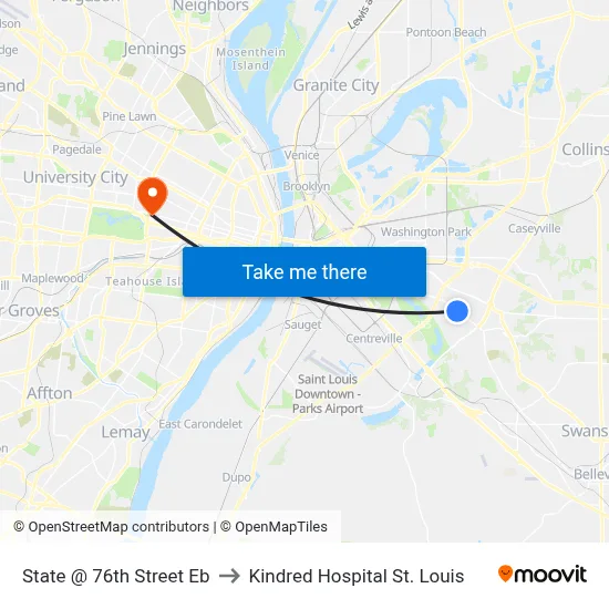 State @ 76th Street Eb to Kindred Hospital St. Louis map
