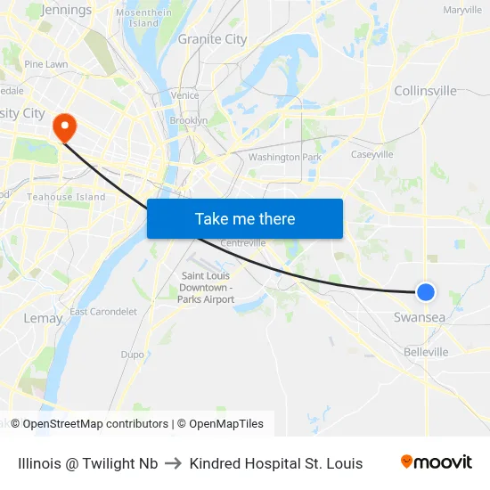 Illinois @ Twilight Nb to Kindred Hospital St. Louis map