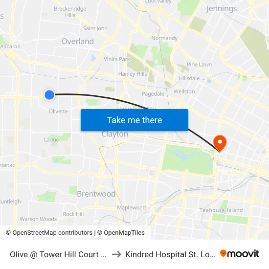 Olive @ Tower Hill Court Wb to Kindred Hospital St. Louis map