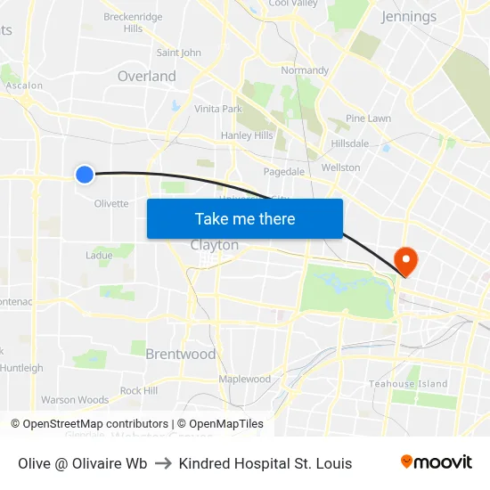 Olive @ Olivaire Wb to Kindred Hospital St. Louis map